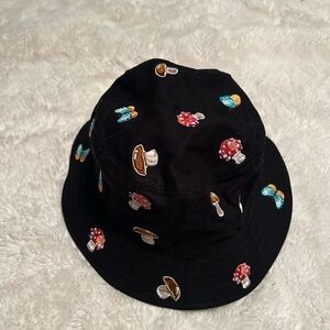 Hot Topic Black Bucket Hat with Mushroom & Butterfly Embroidery